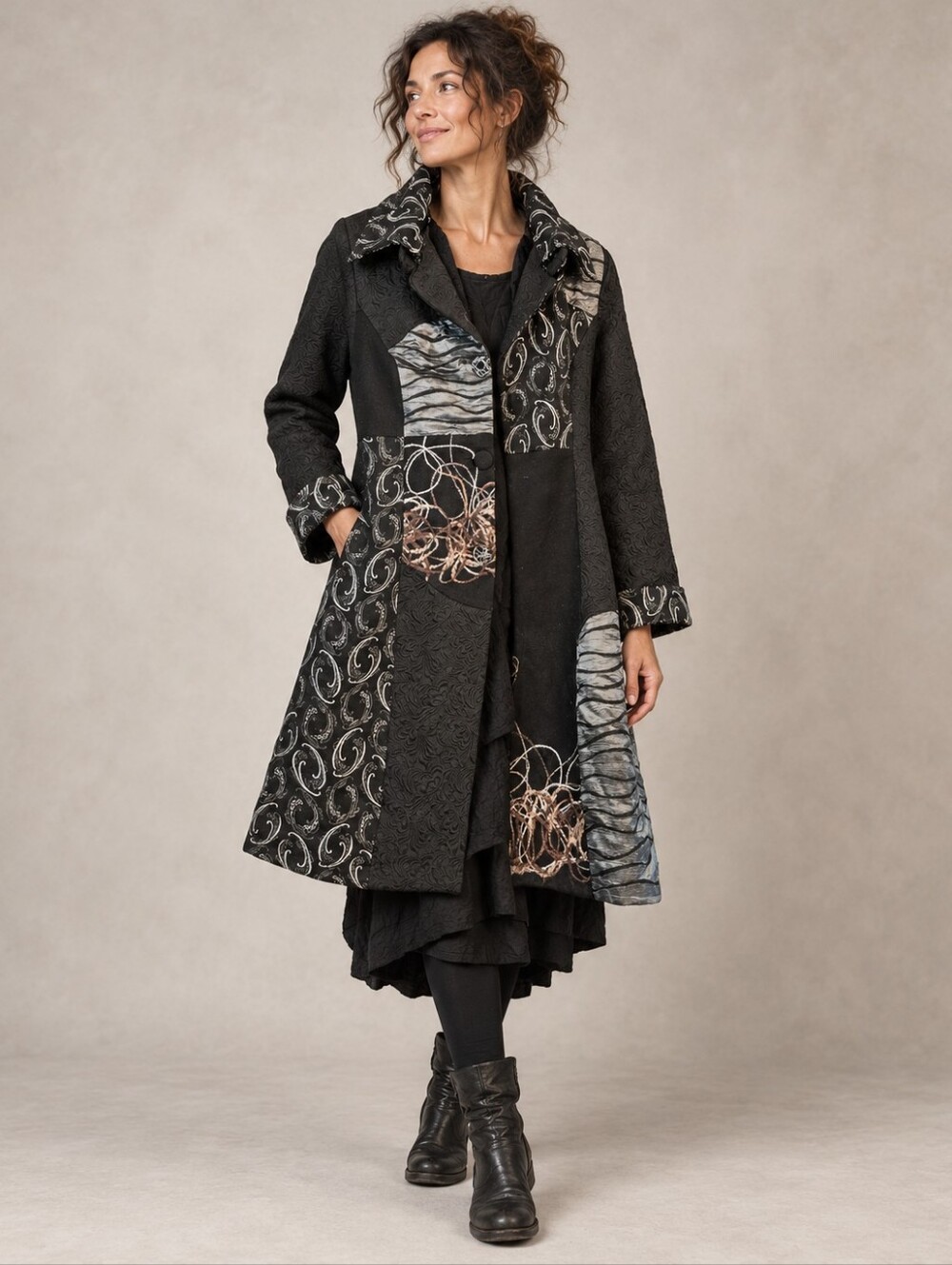 Papillon Boho Patchwork Jacket Size S Black Lagenlook Coat